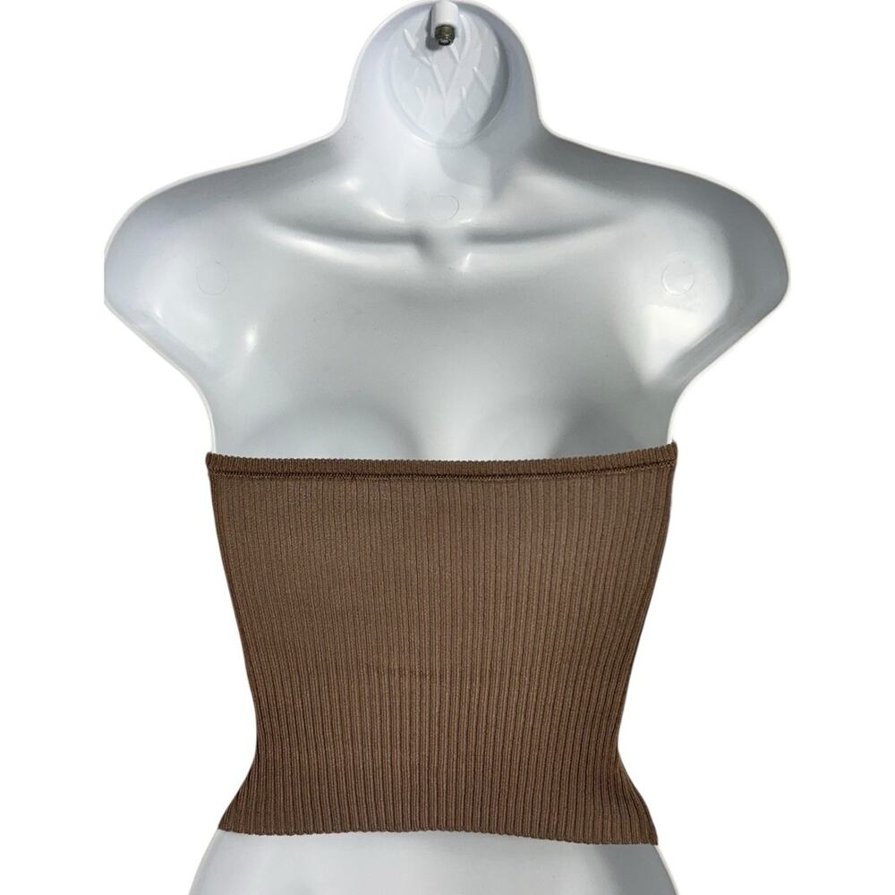 Taupe Knit Bandeau Tube Top Sz Small Faux Feather Sleeveless Stretch Ribbed - Picture 4 of 5
